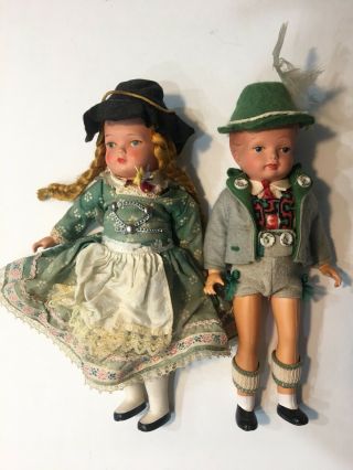 Vintage Celluloid German Boy And Girl Dolls 9inch Dirndle Leiderhosen