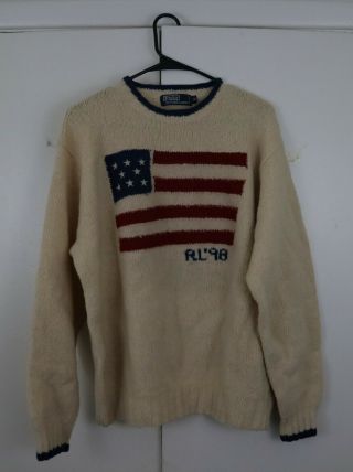 Vintage Polo Ralph Lauren Big Flag Sweater Wool Hand Knit White Men M 1998 Sport