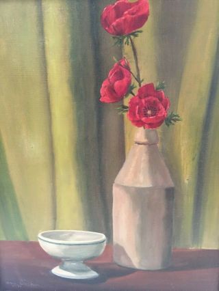 Ann Walker Signed Oil Painting Red Poppies Vintage Floral Still Life