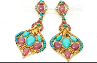 Vintage Barrera Turquoise Gold Tone Dangling Clip - On Earrings