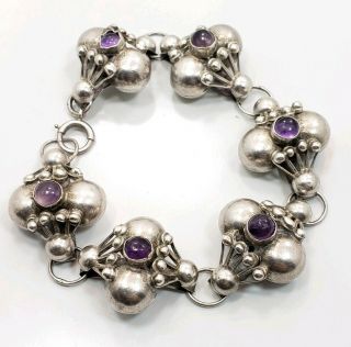 Vintage Mid Century Mexico Puffy Sterling Silver 925 Amethyst Ladies Bracelet