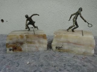 Vintage Signed Curtis Jere Bookends Book Ends - Bronze & Onyx Stone - Tennis Player