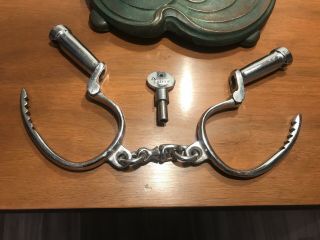 Vintage Antique Hiatt Police Cuffs Handcuffs Shackles W Key