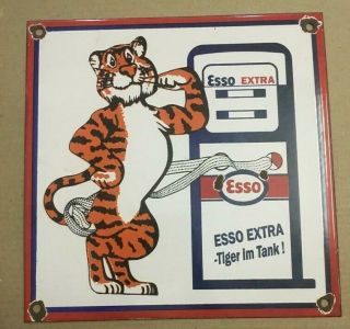 Vintage Esso Extra Tiger Porcelain Enamel Sign 11.  5 " X11.  5 "