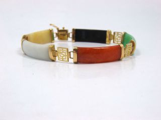 Vintage 14k Yellow Gold Multi Color Jade Curved Link Bracelet,  11.  0g,  7 3/8 "