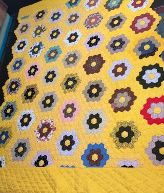 Vintage Quilt Grandmothers Flower Garden Handmade 72 " X 96 " Stunning Yellow