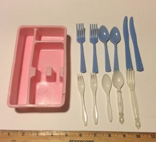 Vintage Child’s Plastic Flatware Tray And Spoons Forks - Pink Blue 60’s Rare