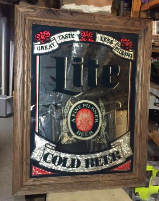 Vintage Miller Lite Cold Beer 28 1/2 " L X 22 1/2 " Mirror Wood Frame Collectible