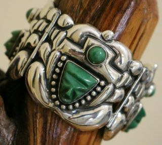 Pre - 1948 Massive Mexico Silver Jade Art Deco Tribal Panel Link Bracelet 100 Grm
