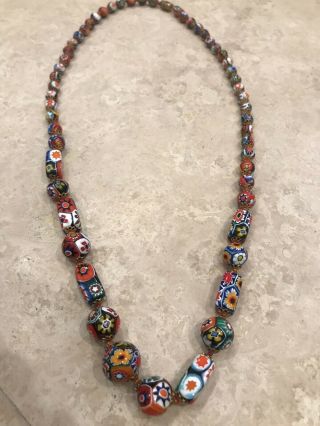 Long Colorful Vintage Venetian Murano Millefiori Art Glass Bead Necklace