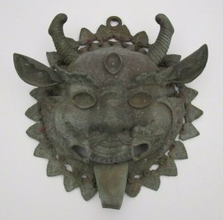 Vintage Antique Bronze Metal Sculpture Nepal Tibet Mask Creature Iconic Idol Old