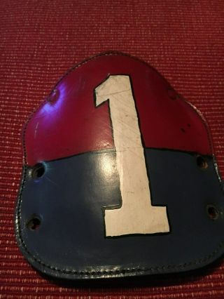 Vintage Hand Painted 1 Leather Fire Helmet Front Shield Red Blue