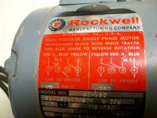 Vintage Rockwell 1/2 HP.  1725 RPM Dual Voltage Reversible Machine Motor 7