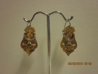 Antique Victorian Gold Gf Taille D’epargne Black Enamel Dangle Earrings - 6 Gr