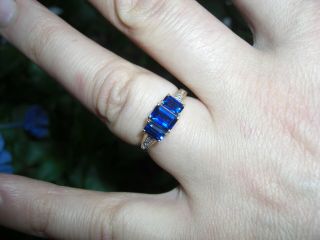 Vintage 2.  74ct Ceylon Blue Sapphire Diamond 10k Gold Ring Emerald Cut Estate