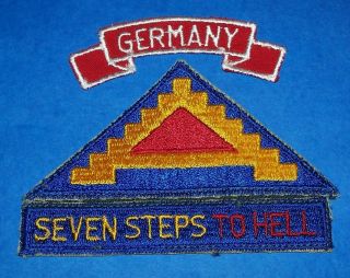 Post Ww2 7th Army Patch,  German Made 7 Steps To Hell Tab & Scroll