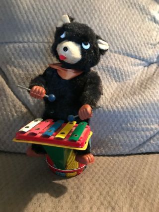 Vintage Wind Up Toy Bear On Drum Playing Xylophone
