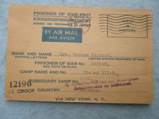 Wwii Us Army Pow Post Card Stalag Iii - B Sergeant Prisoner Of War 1945 Ww2