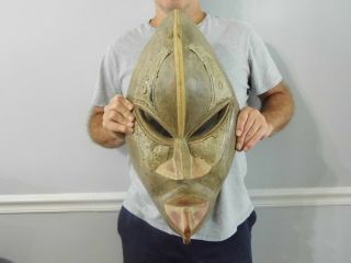 Vintage African Mask Carved Wood Large W Metal Trim Tribal Art 22 1/4 " X 11 3/4 "
