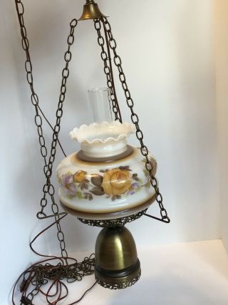Vintage Hanging Gone With The Wind Hurricane Swag Lamp Multi Floral,  brass 3way 4