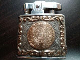 Vtg Ronson Lighter Sterling Silver & Gold Wrap W/ Aztec Calendar,  Mexico