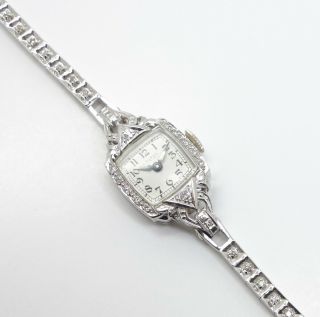 Hamilton Vintage 1940s Art Deco 14k White Gold Diamond Ladies Wristwatch