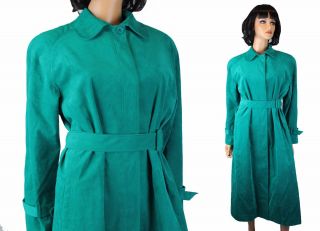 Lilli Ann Trench Coat M Vintage 80s Teal Green Ultrasuede Long Jacket Designer