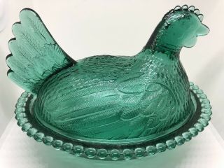 VINTAGE INDIANA GREEN GLASS HEN ON A NEST CANDY DISH CHICKEN 7 