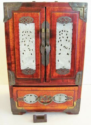 Vtg Chinese China Asian Wood Jewelry Box Cabinet Brass & Jade Inserts Shanghai