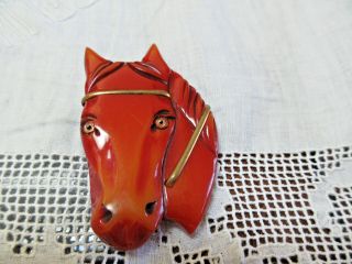 Vintage Bakelite Carved Red Overdyed Horse Head Estate Brooch Pin Rare