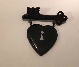 Vintage Bakelite Black Key/heart Pin/brooch