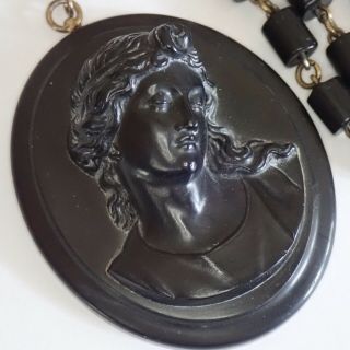 Antique Victorian High Relief Gutta Percha Mourning Cameo Pendant Necklace