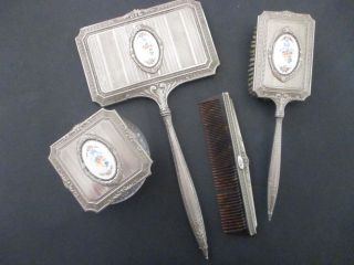 Antique Silver Plated Art Noveau 5 Pc Vanity Set Mirror/comb/brush/powder Jar