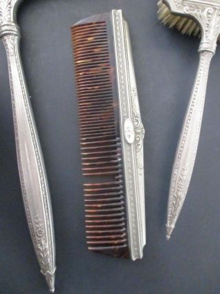 ANTIQUE SILVER PLATED ART NOVEAU 5 PC VANITY SET MIRROR/COMB/BRUSH/POWDER JAR 6