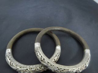 2Vintage Chinese Sterling Silver Repousse Bamboo Rattan Wood Bangle Bracelet CB 2