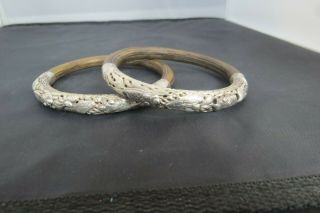 2Vintage Chinese Sterling Silver Repousse Bamboo Rattan Wood Bangle Bracelet CB 3