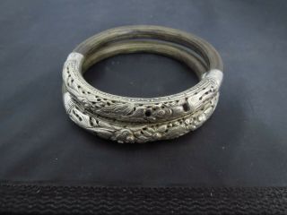 2Vintage Chinese Sterling Silver Repousse Bamboo Rattan Wood Bangle Bracelet CB 4