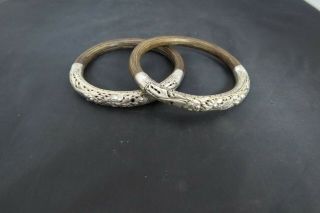 2Vintage Chinese Sterling Silver Repousse Bamboo Rattan Wood Bangle Bracelet CB 6
