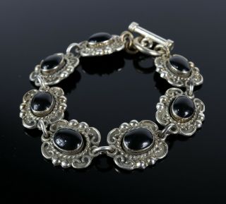 Vintage.  925 Sterling Silver Chunky Oval Black Onyx Filigree Tennis Bracelet 33g