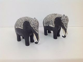 Vintage Carved Ebony Elephant Figurines With White Metal Mounts