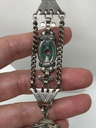 Vintage Orante Art Deco Silver Tone Red Green Stone Watch Chain Fob Necklace