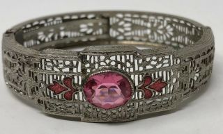 Vintage Antique Art Deco Pink Glass Enamel Filigree Edwardian Hinged Bracelet
