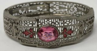 Vintage Antique Art Deco Pink Glass Enamel Filigree Edwardian Hinged Bracelet 2