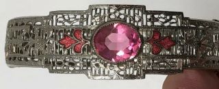 Vintage Antique Art Deco Pink Glass Enamel Filigree Edwardian Hinged Bracelet 3