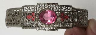 Vintage Antique Art Deco Pink Glass Enamel Filigree Edwardian Hinged Bracelet 4