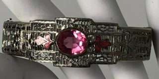 Vintage Antique Art Deco Pink Glass Enamel Filigree Edwardian Hinged Bracelet 5