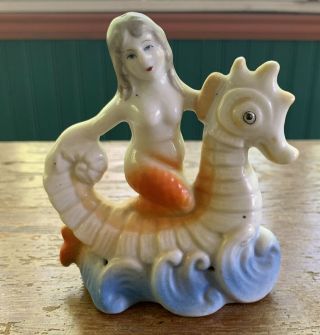 Vtg Ceramic Mermaid On Seahorse Japan Aquarium Fish Bowl Figurine Bisque 40s