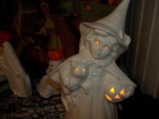 4 Ceramic Victorian Halloween Witch Light W/ Cat,  Jol Vtg Inspired Decoration