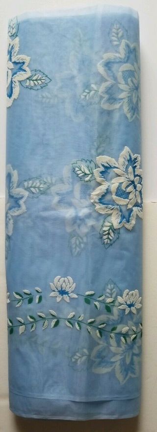 Vintage 1960s Sheer Flocked Floral Fabric blue flowers 6yd x 48 