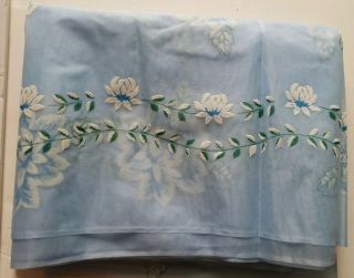 Vintage 1960s Sheer Flocked Floral Fabric blue flowers 6yd x 48 